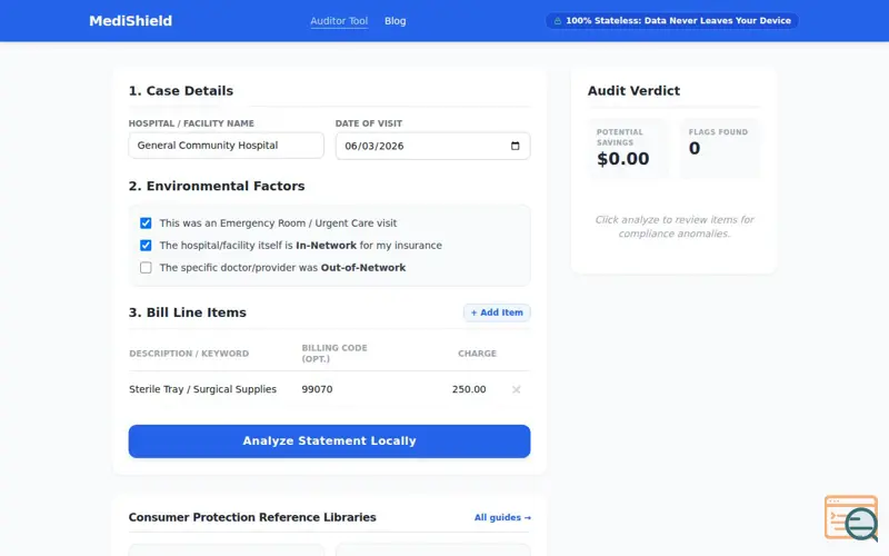 Screenshot of MediShield. Free Medical Bill Checker