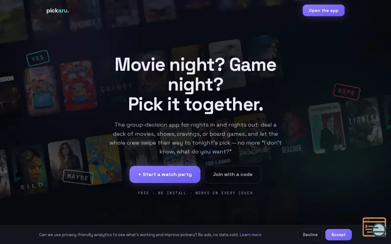 Screenshot of pickaru — movie nights, dinners & game nights, picked together