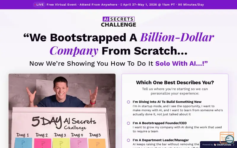 Screenshot of AI Secrets Challenge Register Now!, a launch using ClickFunnels