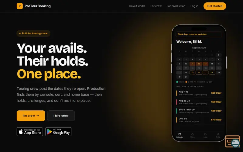 Screenshot of ProTourBooking — avails and holds for touring crew