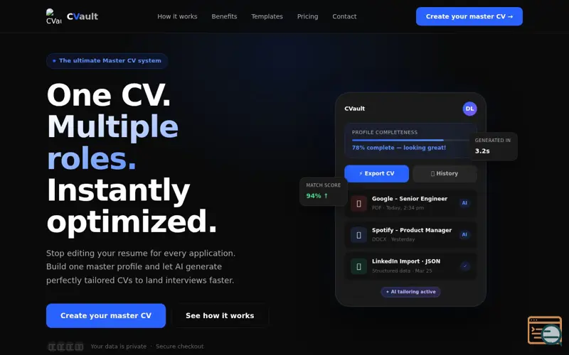 Screenshot of CVault — Your career. Every format.
