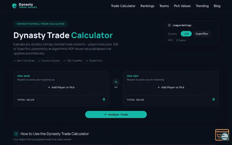 Screenshot of dynastytradevalues.com – Algorithmic dynasty fantasy football trade values for players and picks, 1QB and Superflex