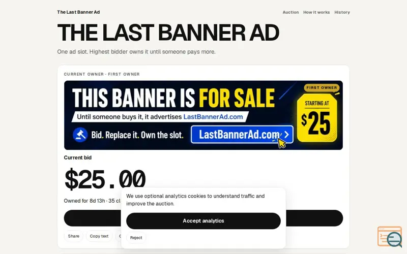 Screenshot of The Last Banner Ad, a launch using PayPal