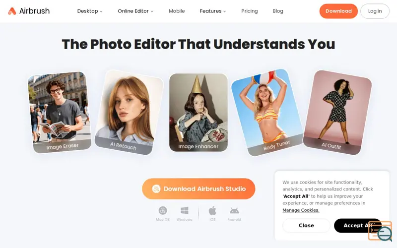 Screenshot of Airbrush - Online AI Photo Editor, a launch using R.O.EYE
