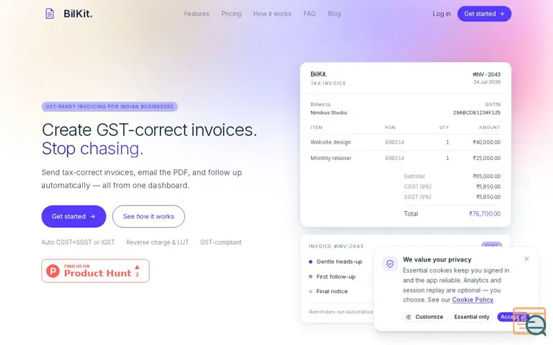 Screenshot of BilKit — GST-compliant invoicing for Indian businesses