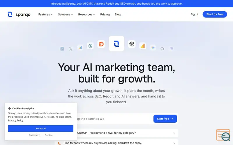 Screenshot of Sparqo: AI CMO and growth marketing agents, a launch using SubmitForBacklinks