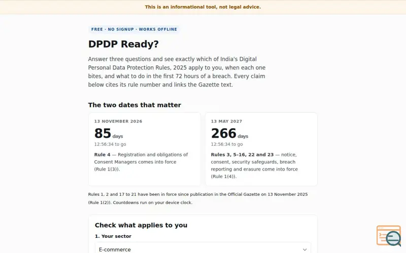 Screenshot of DPDP Ready readiness checker for India