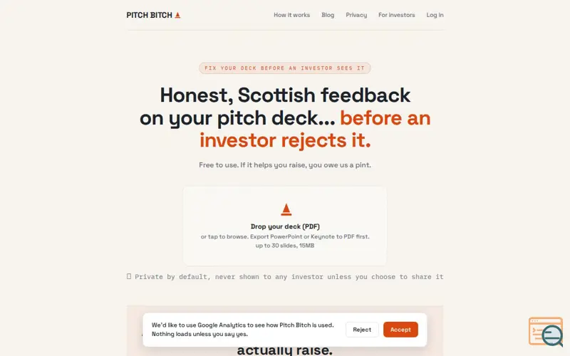 Screenshot of Pitch Bitch — direct, Scottish feedback on your pitch deck