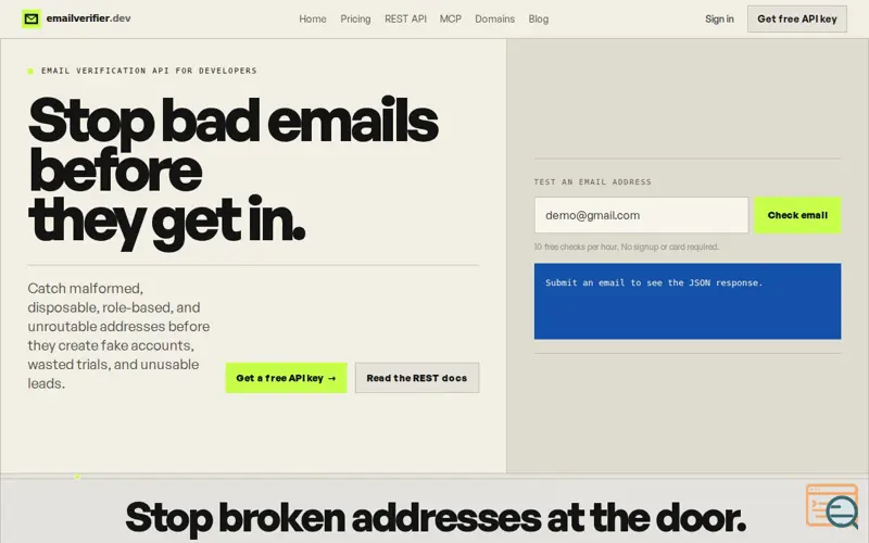 Screenshot of Email verification API to stop fake signups | emailverifier.dev