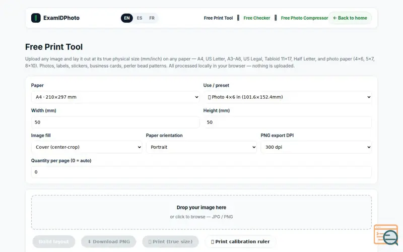 Screenshot of ExamIDPhoto Print Tool