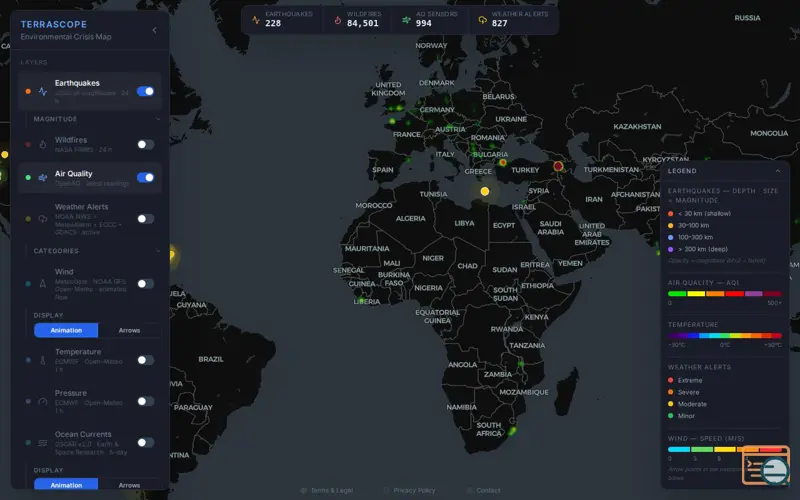 Screenshot of Terrascope , a launch using OpenMapTiles