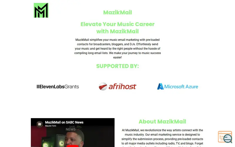 Screenshot of MazikMail, a launch using OtherDNS