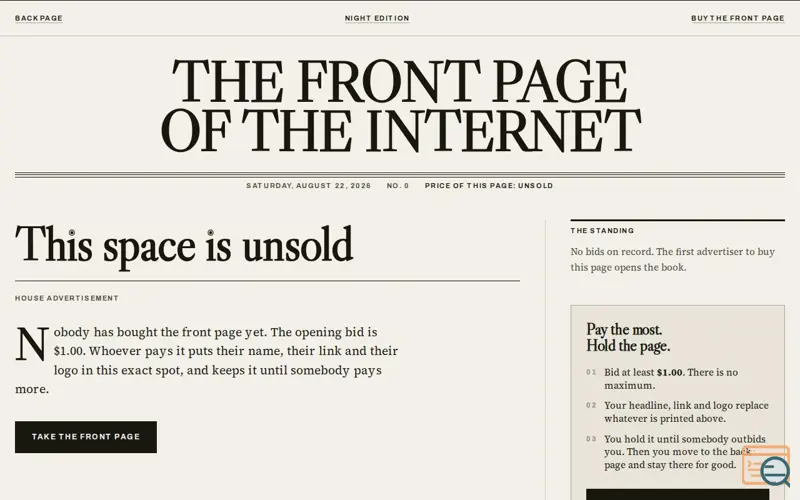 Screenshot of Front Page of the Internet