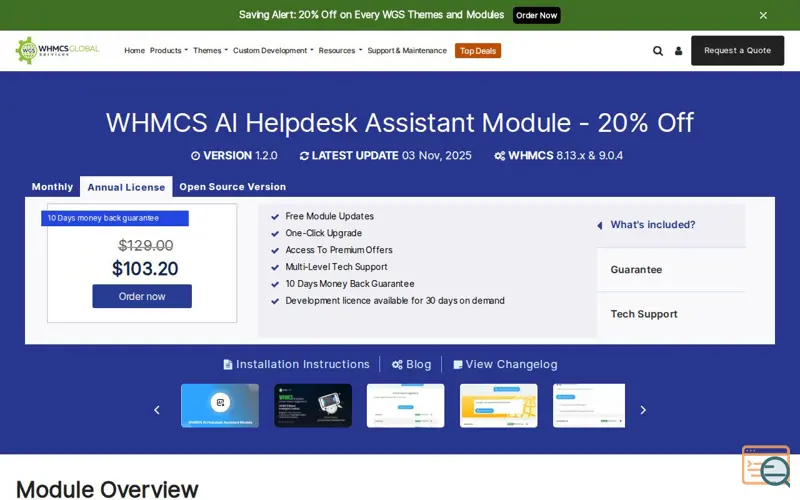 Screenshot of WHMCS AI Helpdesk Assistant Module, a launch using TenWeb