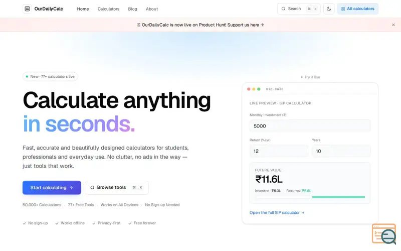 Screenshot of OurDailyCalc