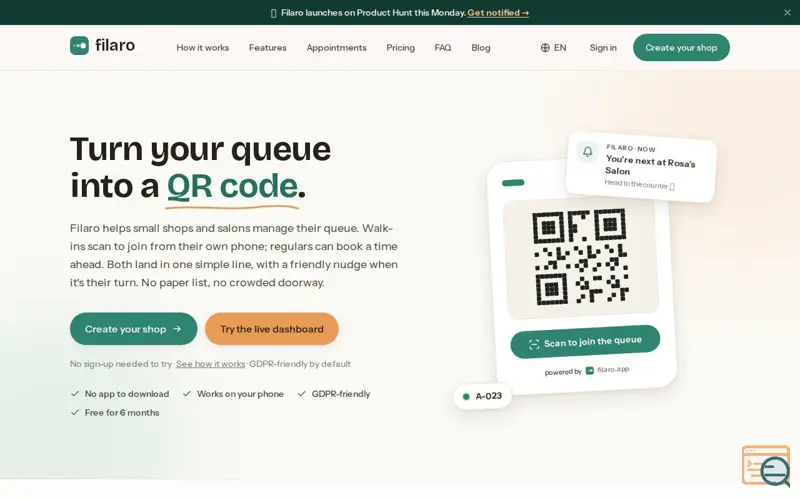 Screenshot of Filaro — QR queue for barbershops, clinics & cafés