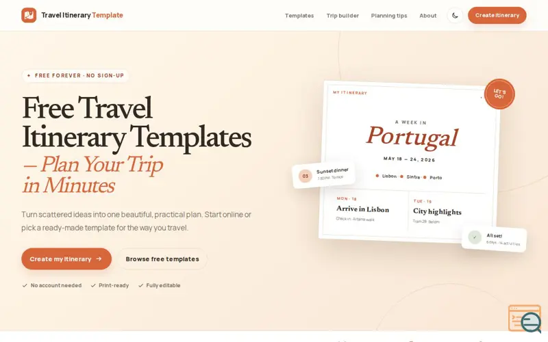 Screenshot of Free Travel Itinerary Templates Editable — Free Download