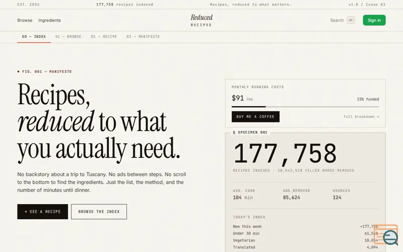 Screenshot of Reduced Recipes — Recipes, reduced.