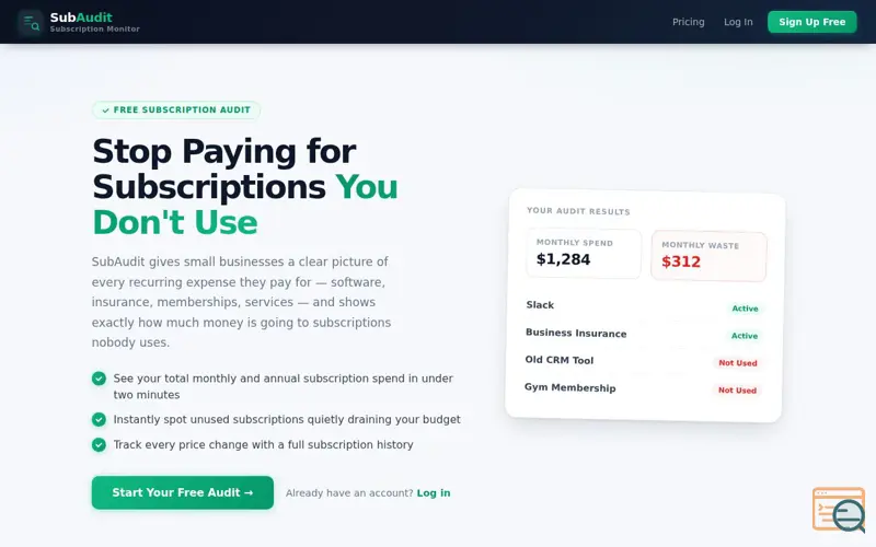 Screenshot of SubAudit , a launch using Plausible