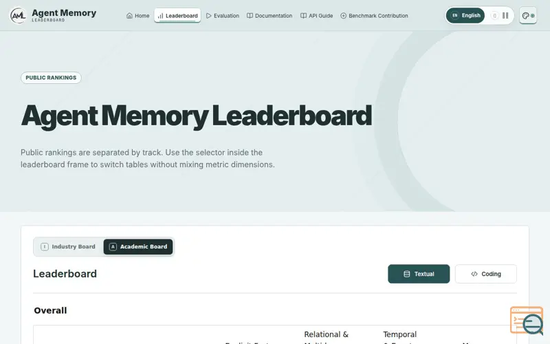 Screenshot of Agent Memory Leaderboard