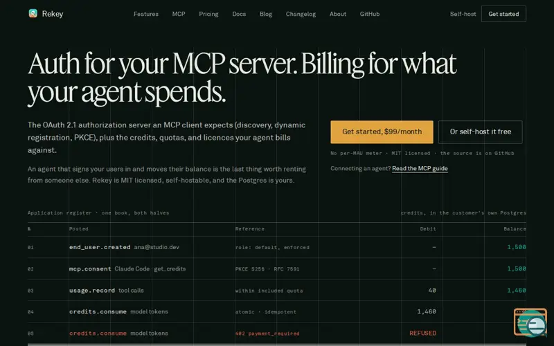 Screenshot of Rekey — auth, billing, and MCP for agent products