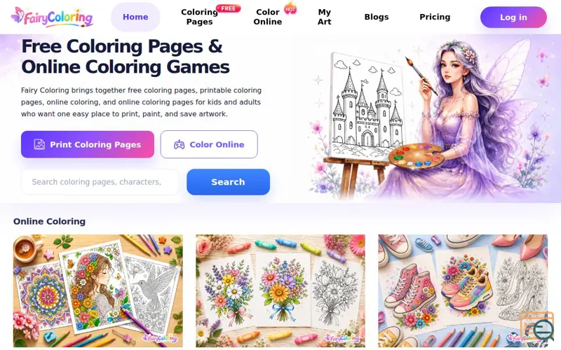 Screenshot of Free Coloring Pages & Online Coloring Games | FairyColoring
