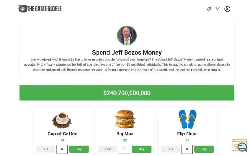 Screenshot of TheGameGloble - Spend Jeff Bezos Money, a launch using Mailcheck