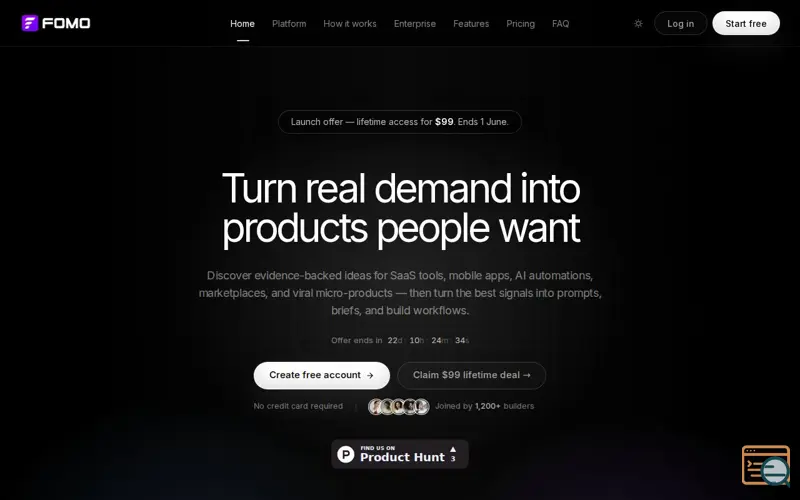 Screenshot of FOMO Tools, a launch using Reditus