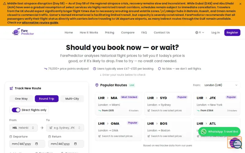 Screenshot of FarePredictor.com