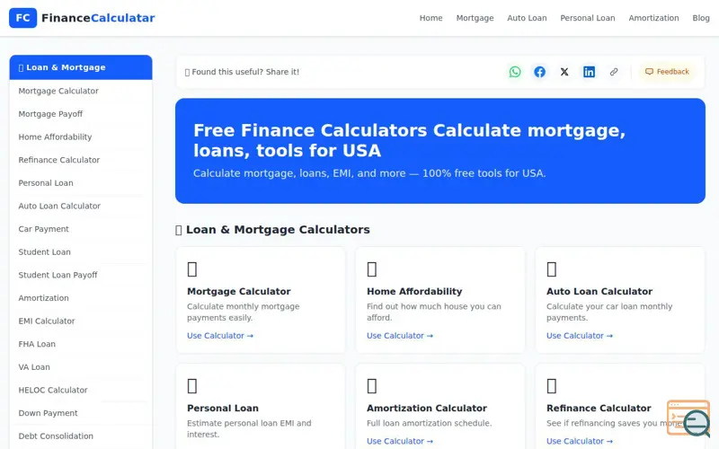 Screenshot of FinanceCalculatar.com