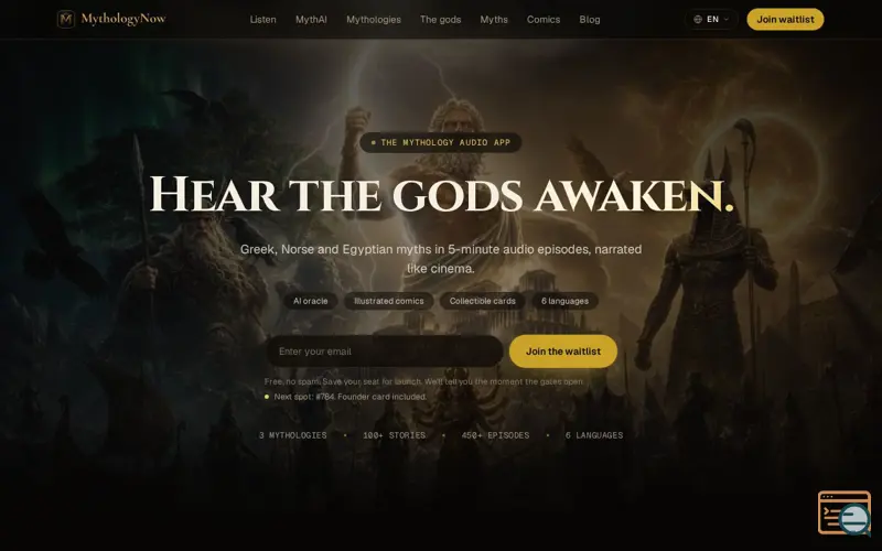 Screenshot of MythologyNow — Hear the gods awaken