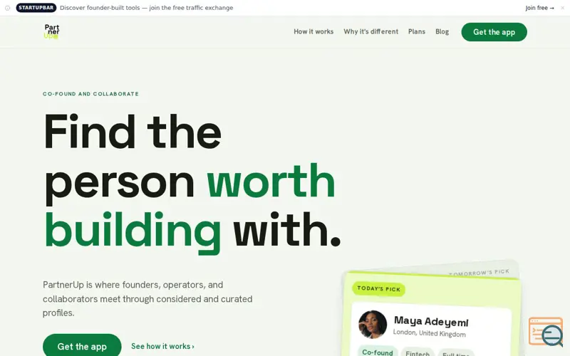 Screenshot of PartnerUp, a launch using StartupBar