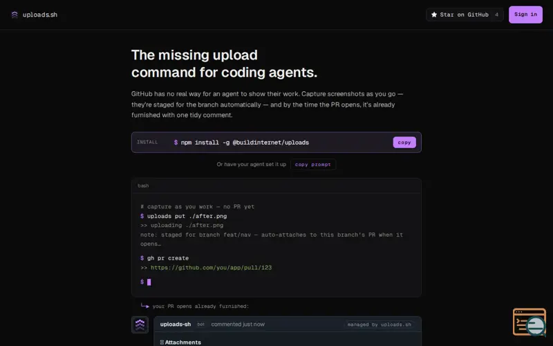 Screenshot of uploads.sh — screenshots on GitHub PRs, from agents & the CLI