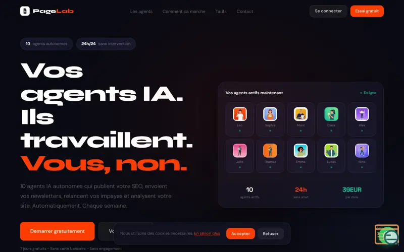Screenshot of PageLab — 10 Agents IA Autonomes 
