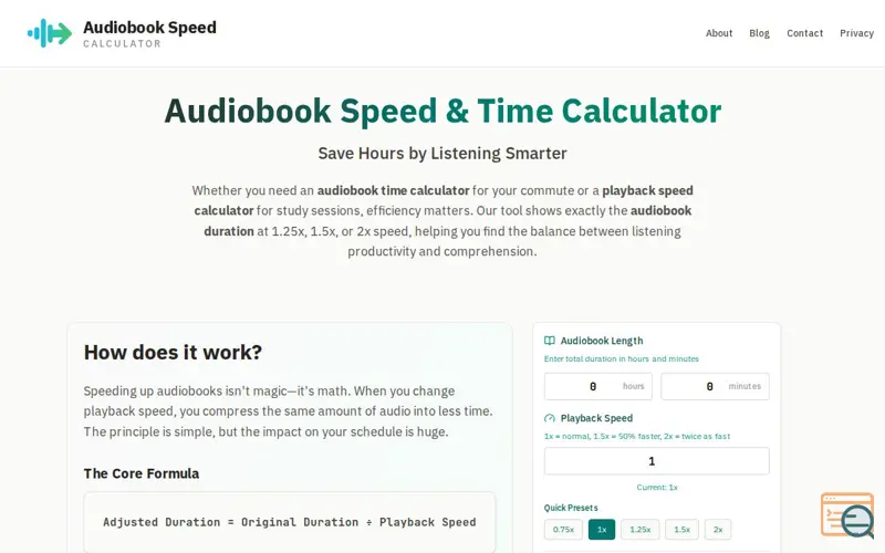 Screenshot of Audiobook Speed Calculator