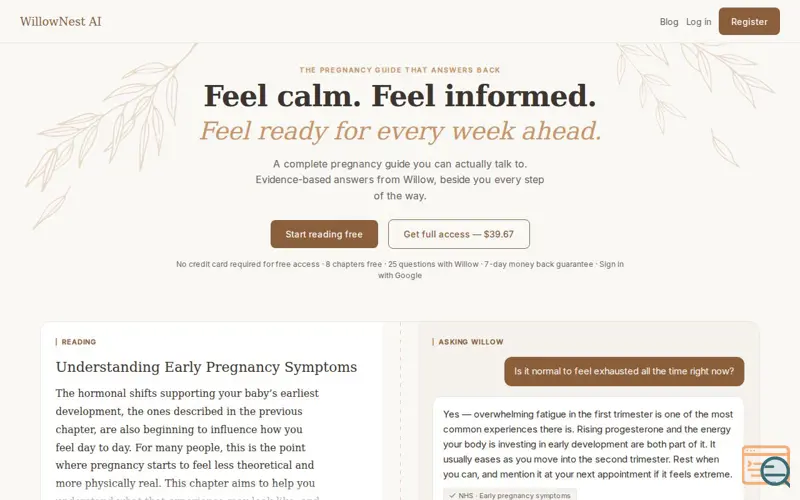 Screenshot of WillowNest AI — Your AI-Powered Pregnancy Companion