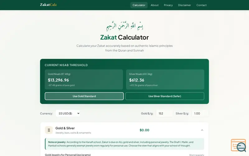 Screenshot of Zakat Calculator - Free Islamic Tool