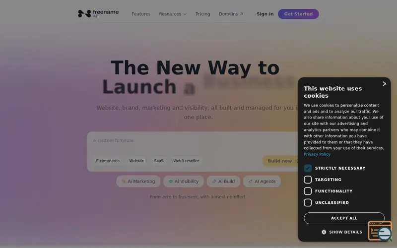 Screenshot of Freename AI, a launch using CookieScript