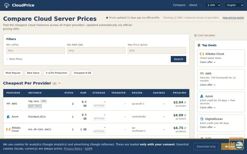 Screenshot of CloudPriceIndex