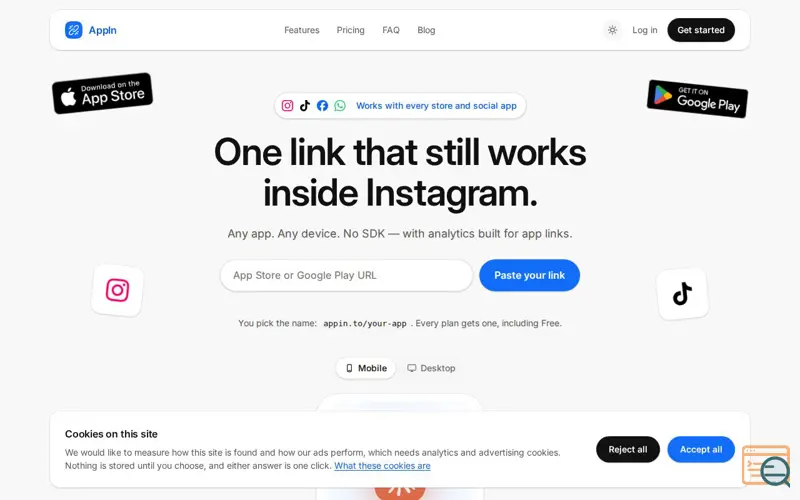 Screenshot of AppIn — one app link that survives the in-app browser, a launch using AppIn