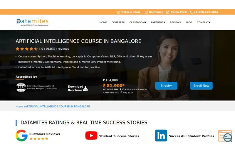 Screenshot of DataMites AI courses In Bangalore, a launch using AWS WAF