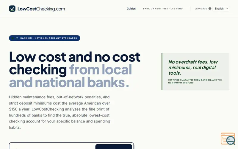 Screenshot of Low/No Cost Checking from Banks