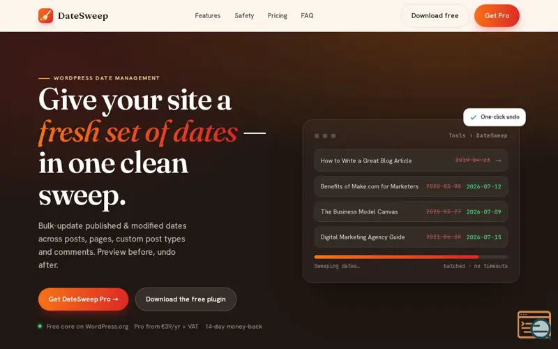 Screenshot of DateSweep, a launch using Koko Analytics
