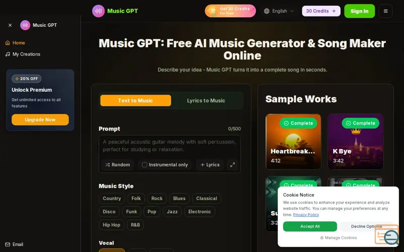Screenshot of Music GPT