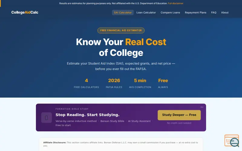 Screenshot of CollegeAidCalc, a launch using Sell With Boost