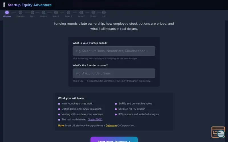 Screenshot of Startup Equity Adventure Game