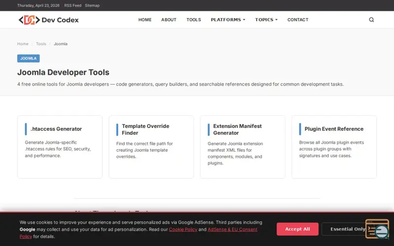 Screenshot of DevCodex for Joomla