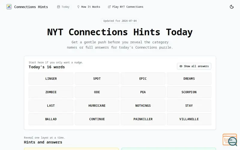 Screenshot of Connections Hints Today