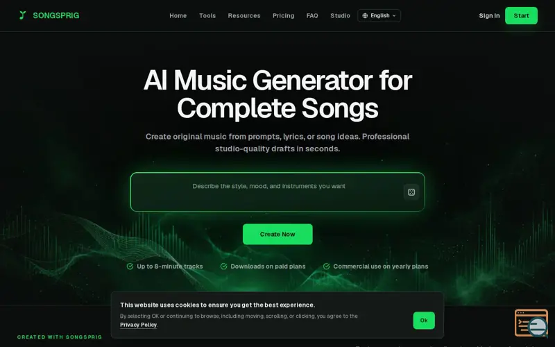 Screenshot of SongSprig — AI Song Generator & Music Studio