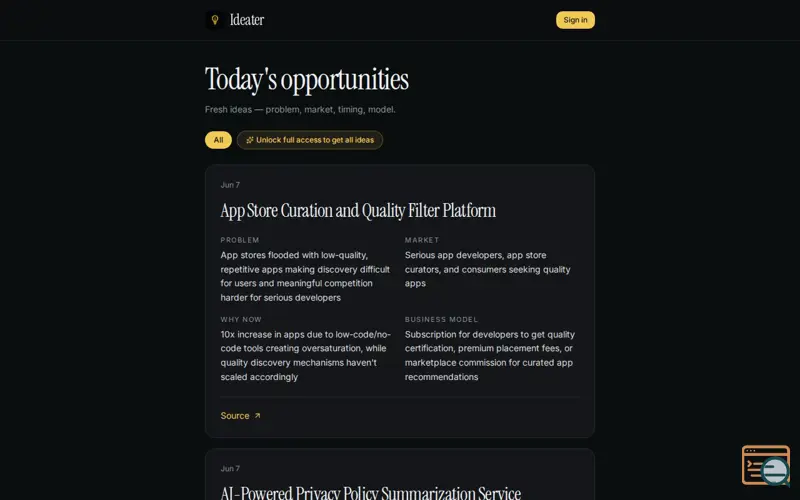 Screenshot of Ideater — Startup idea feed